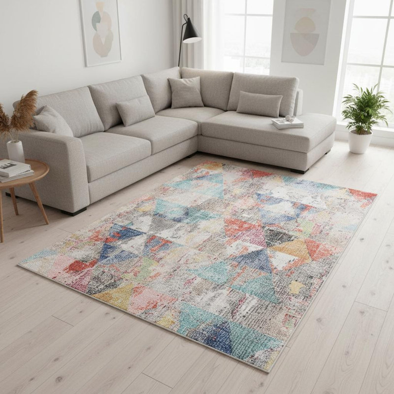 Tapis géométrique rose et bleu 7 pi x 10 pi