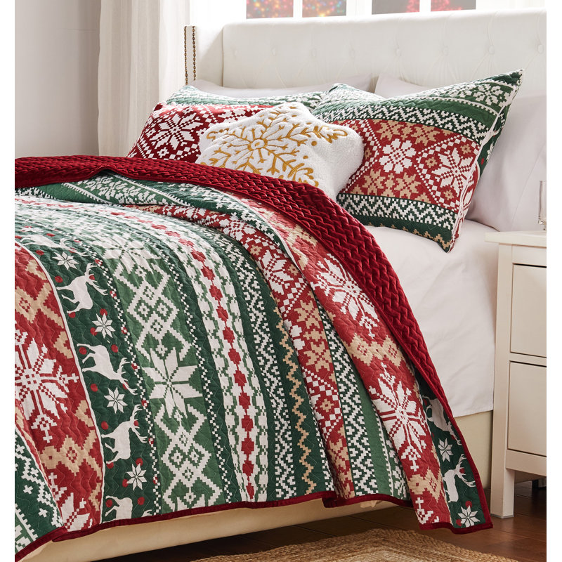 Fair Isle Red and Green Reversible Twin Microfiber Quilt Set
