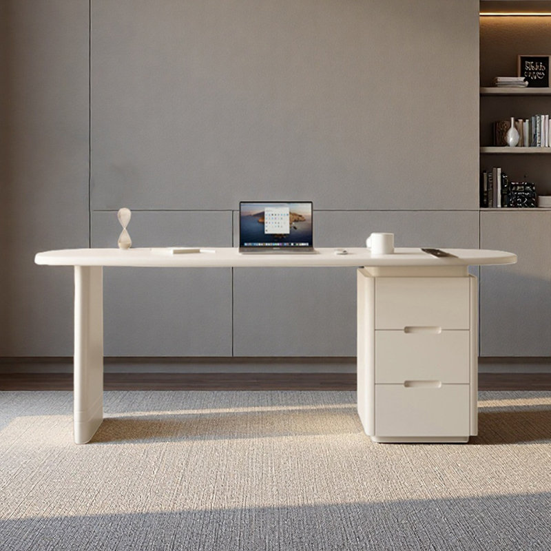 Bureau en bois massif avec une armoire de rangement crème pour la maison, H 29,53 po x l 62,99 po x P 23,62 po, Crème, crème