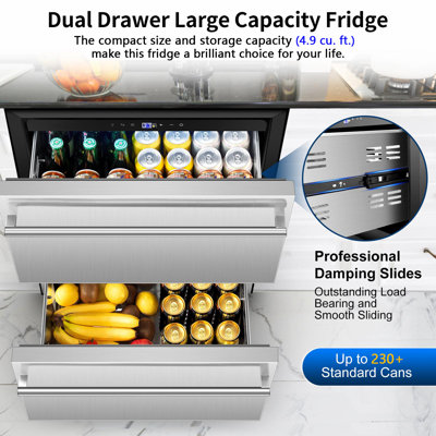 24 Inch Beverage Refrigerator Freestanding or Built-In, Holds 230 Cans, Under Counter Drawer Cooler Fridge with LED Light and 2 Grid Organizer Classic Series