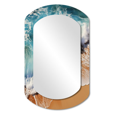 Miah Tropical beach aerial view III - Beach Asymmetrical Wall Mirror, Blue Cylinder Decorative Mirror, Printed Metal Art