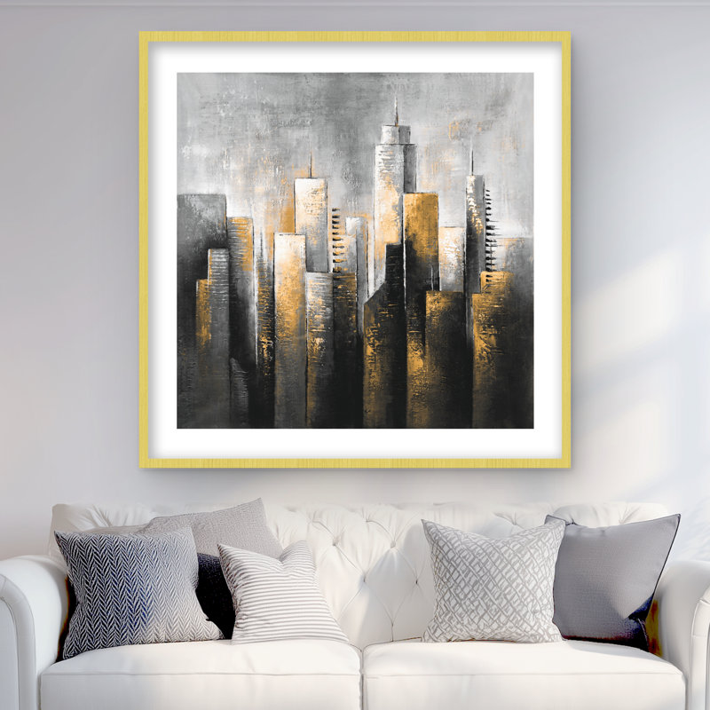 «Abstract Skyline» - Reproduction matte encadrée dorée contemporaine, H 36 po x l 36 po, Doré