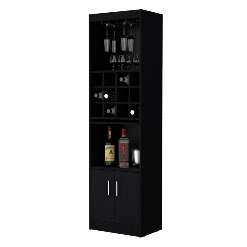 Black Wine Cabinet With Extra Storage - Engineered Wood, 20x13.3x71.1 Inches, 2 Doors Bar Functional Shelving 71.1x20x13.3 15 Shelves