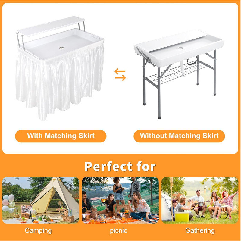 Tables pliantes pour refroidisseur de glace de 4 pi avec bonde, table à bac à glaçons à deux niveaux avec jupe amovible, froid portatif pour boissons alimentaires ， Fête, pique-nique, camping, mariage, barbecue