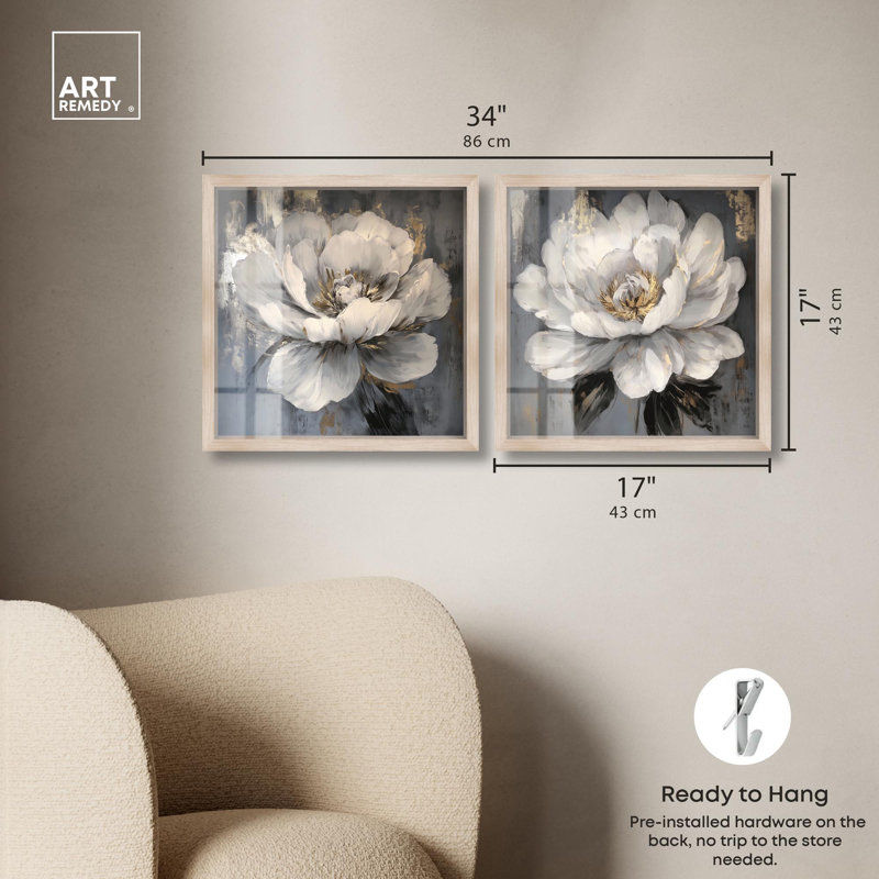 Ensemble de 2 panneaux de luxe Luxe Botanicals Art , H 17 po x l 17 po, Crème, crème
