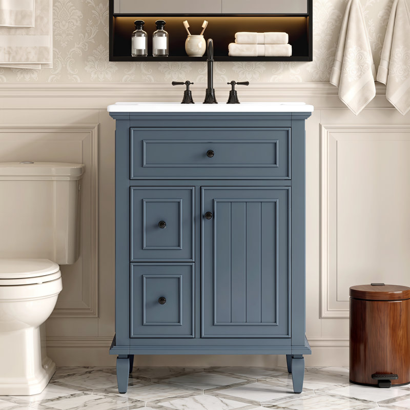 Armoire de rangement avec lavabo, tablette réglable et tiroirs multiples, Bleu gris, 24"