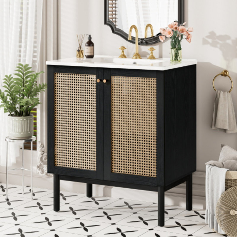 Meuble-lavabo de 30 po fabriqué à la main en rotin - Conception en matériaux naturels avec portes à fermeture en douceur - Meuble-lavabo en céramique pour salles de bain de style spa