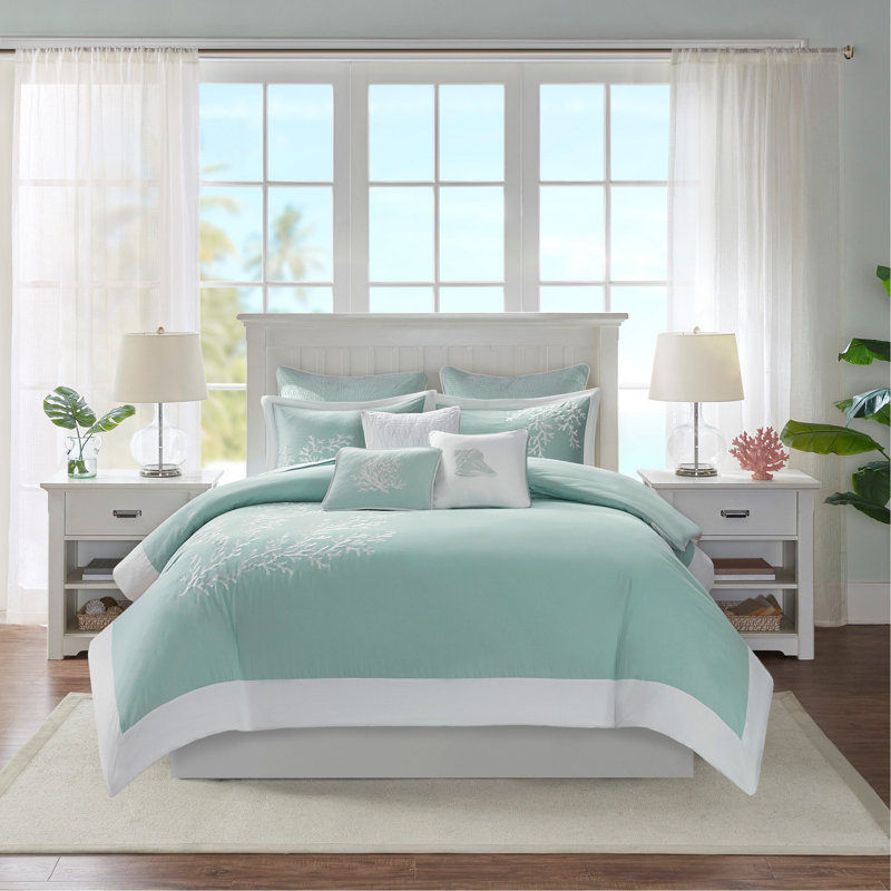Ensemble de housse de couette pour lit double / grand Aqua avec broderie corail et bordure en pièces, jacquard 100% coton, comprend deux taies décoratives