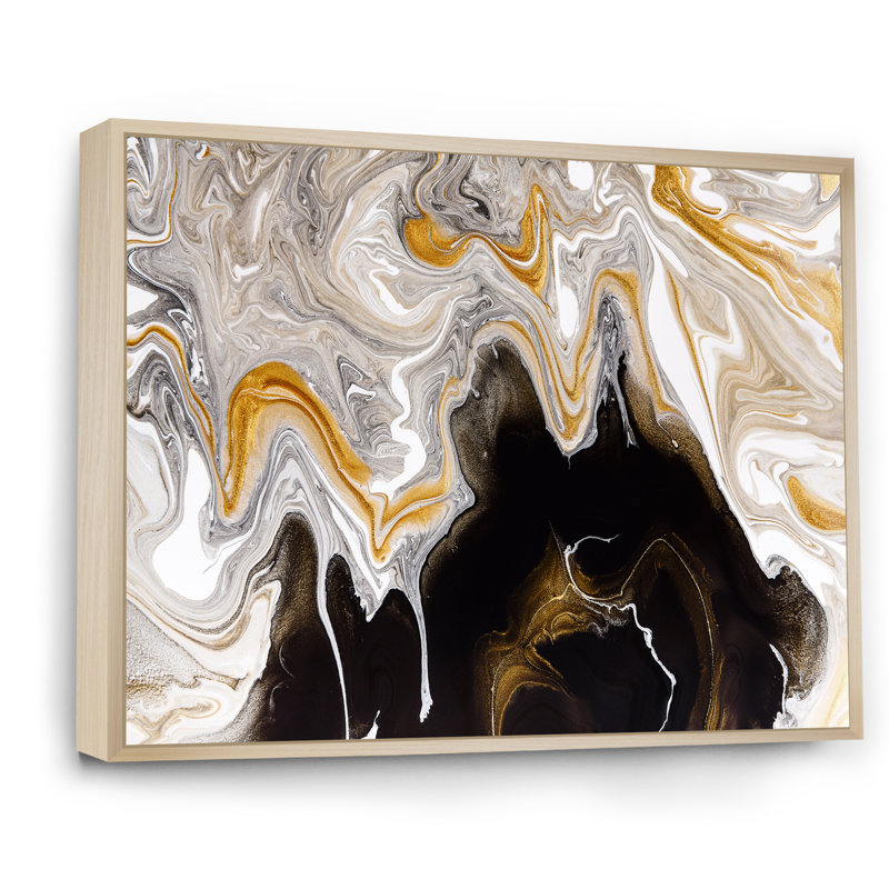 Noir et blanc liquide vagues de marbre I - peinture sur toile, Cadre flottant en érable, H 16 po x l 32 po