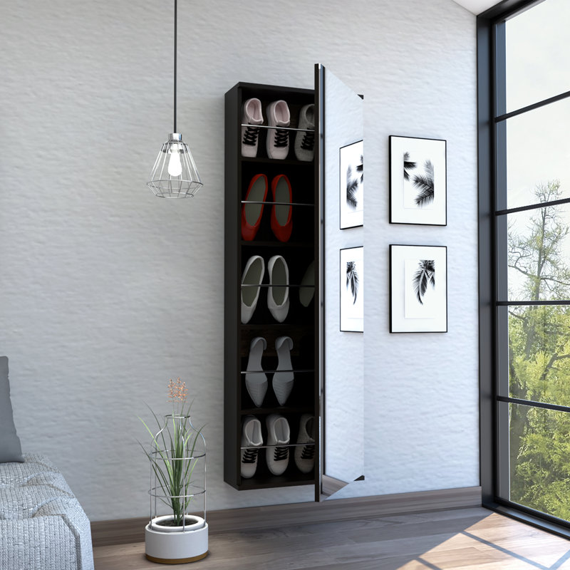 Domanique Wall-Mounted Shoe Storage Cabinet with Mirror - Space-Saving 10-Pair Capacity, Single Door Entryway Organizer for Hallway, Closet, Apartment