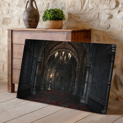 Canvas A Dimly Lit Gothic Hallway Adorned With Intricate Dark Stone Wall Art Walls Featuring Ornate Carvings Creating An Atmosphere Of Canvas Wall Art