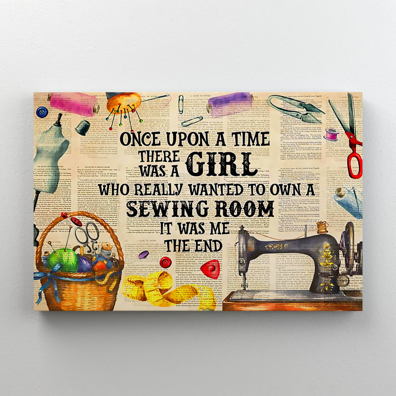 Machine à coudre sur fond de journal - Il y avait une fille qui souhaitait vraiment posséder une salle de couture - 1 pièce, impression d'art graphique rectangulaire sur toile tendue