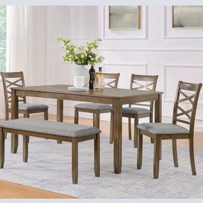 6 Piece Rectangular Acacia Wood Dining Table Set, Elegant Kitchen Dining Room Table With 4 Cushion Dining Chairs And 1 Upholstered Bench, Modern Table Set With Classic Cross Back For Dining Room & Kitchen, Walnut
