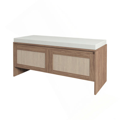 PP Rattan Storage Bench with Cushion, Faux Rattan Shoe Cabinet with 2 Doors, Mid-Century Modern Wood Entryway Seat, for Bedroom, Hallway, Mudroom, Natural Finish