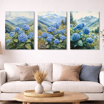 Hydrangeas in the Mountain Meadow I - Garden, art mural en métal 3 pièces