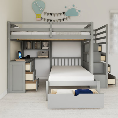 Solid Wood Full Over Twin Bunk Bed With Desk, Drawers And Shelves by Harriet Bee