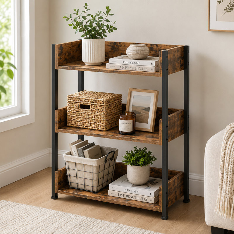 Chrystin 30“ H x 23” W Iron Etagere Bookcase 3 Shelf Open Shelf Storage Bookcase, Antique Brown/Black