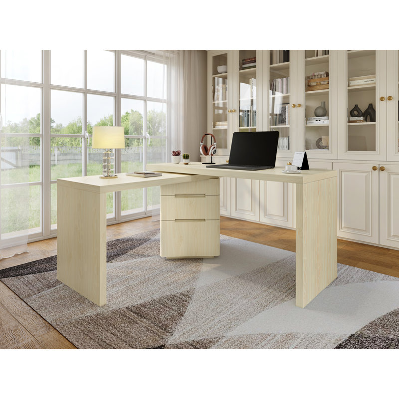 90" Modern L Shaped Desk In Natural Wood With 3 Drawers,360° Wood Rotating Desk,Executive Office Desk,Corner Desk,Office Study Workstation,For Home Office Or Living Room
