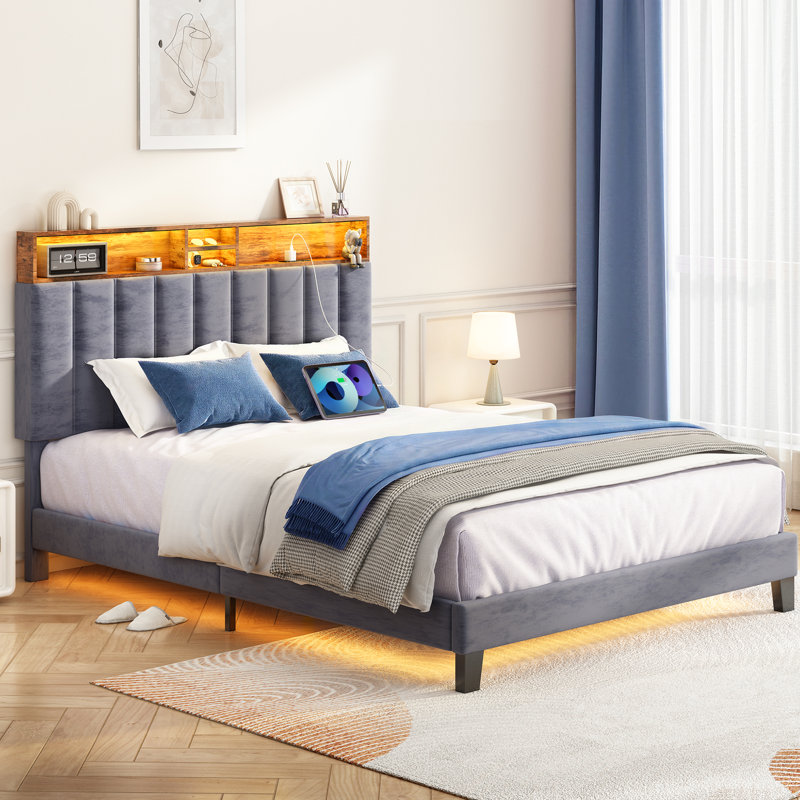 Upholstered Bed Frame with Headboard-Storage Headboard with Smart LED Lights and USB Charging Station,Noise Free,No Box Spring Needed