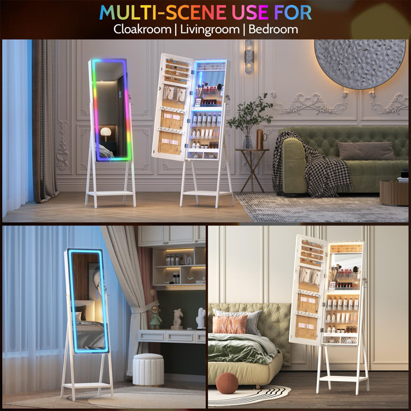 Armoire à bijoux moderne avec miroir pleine grandeur RVB moderne - triple fonctionnalité pour s'habiller, Blanc