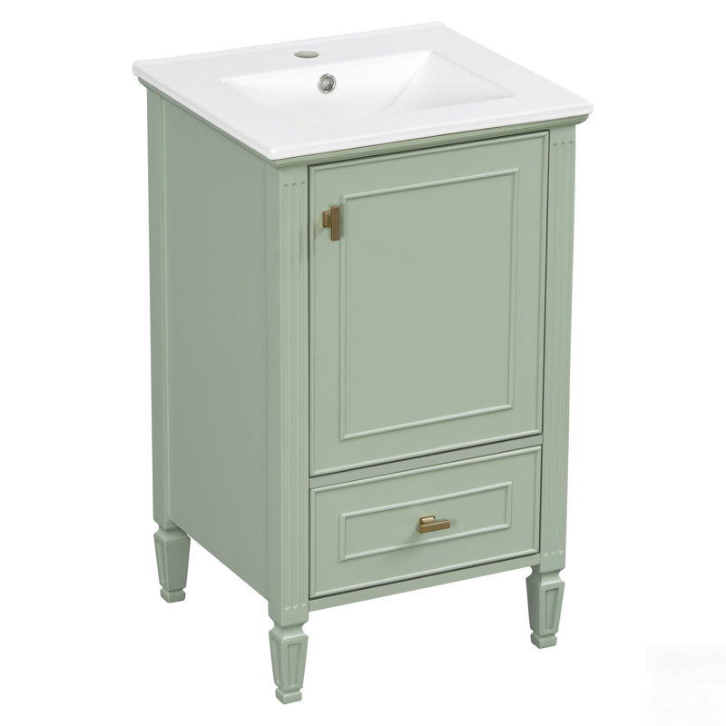 Meuble-lavabo avec lavabo en céramique, pieds en bois massif et rangement à fermeture en douceur, idéal pour les salles de bain compactes et élégantes