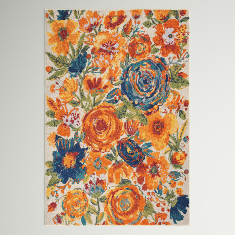 Tapis orange / beige / vert à motif floral Latarra, Rectangle 2 pi x 3 pi
