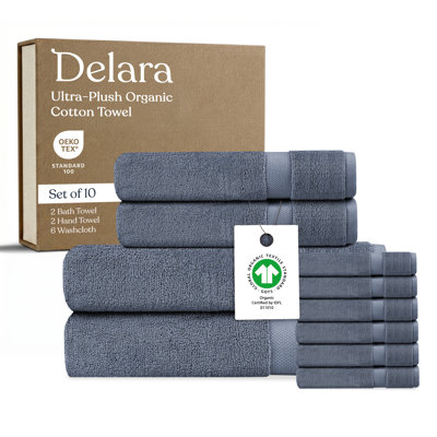 Delara Organic Cotton Plush Towel Set of 10, GOTS & OEKO-TEX Certified, 650 GSM, Soft, Quick-Dry, Absorbent, Hotel Quality