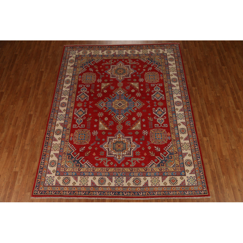 Tapis rouge / beige en laine noué à la main de conception unique 8 pi 1 po x 10 pi New Age