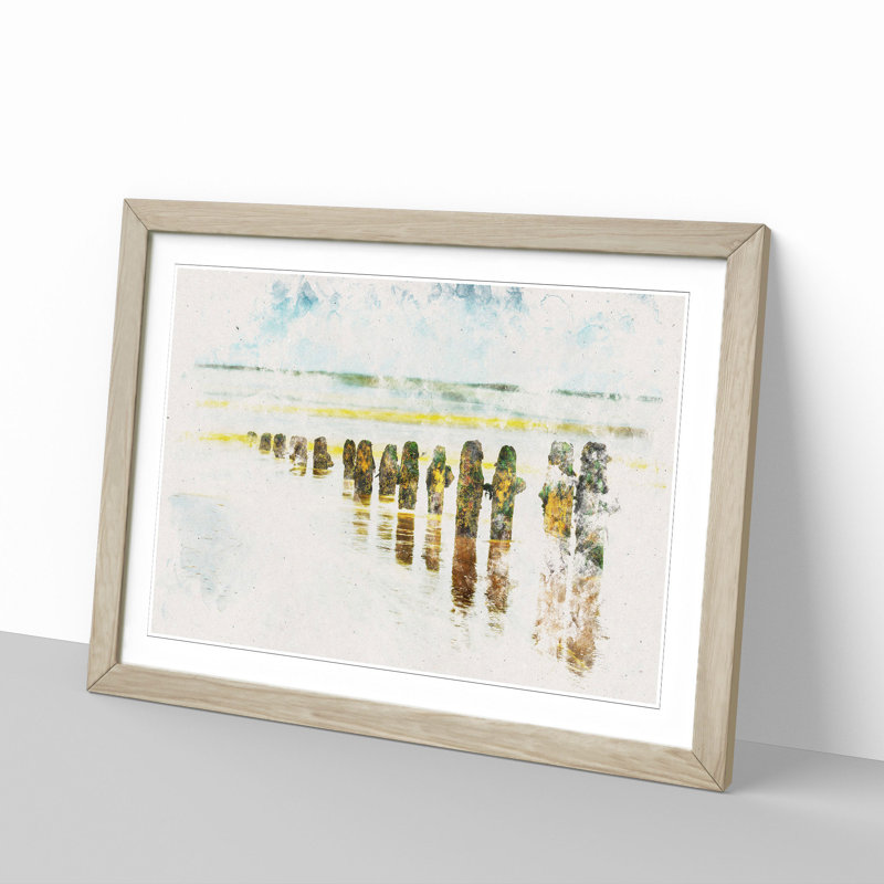 Groynes on Whitby Beach - Picture Frame Painting Print, Oak Framed, 45cm H x 63cm W x 2cm D