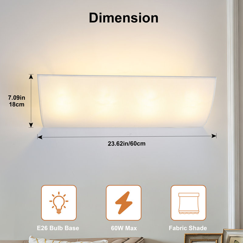 White Fabric Shade Wall Sconces, 4, 7.09" H x 23.62" W x 8.68" D