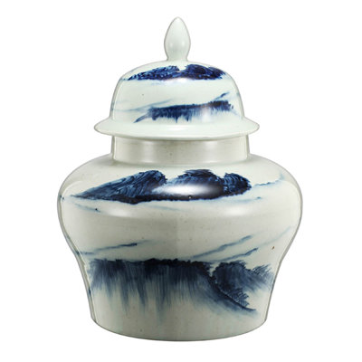 Decorative Ginger Jar With Lid, 17 Inch White And Blue Porcelain