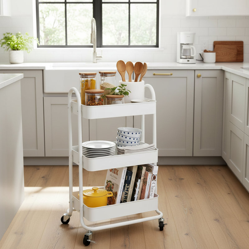 Chariot de cuisine blanc à 3 niveaux, conception roulante de base, roues verrouillables, rangement multifonctionnel pratique