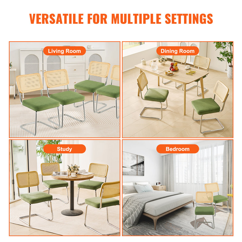 Green Velvet Upholstered Dining Chairs with Rattan Back, Set of 4