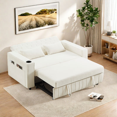 Canapé-lit coulissant avec dossier réglable, ports de chargement USB, porte-gobelets, poches latérales, tablettes de rangement et dossier capitonné