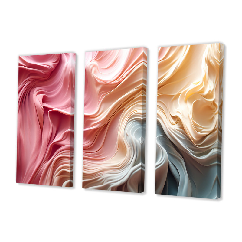 Ensemble de salon art mural abstrait avec vagues en soie rose pastel, Toile tendue, H 40 po x l 60 po x P 1 po
