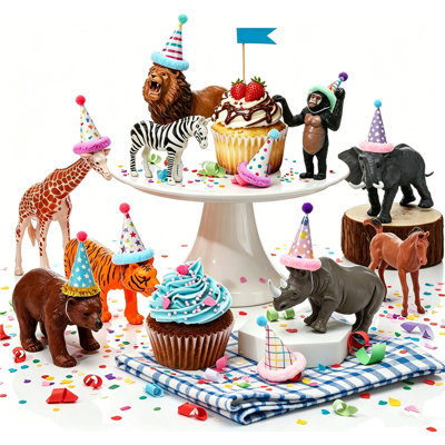 18 Pcs Jungle Animal Cake Topper Woodland Figures,Animal Birthday Party Decorations with Mini Hat,Wild Animals Themed Party
