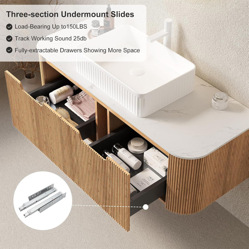 48" Bathroom Vanity with Sink, 2 Large Storage Drawer, Ceramic Basins with Marble Top, Pre-Assembled, Brown