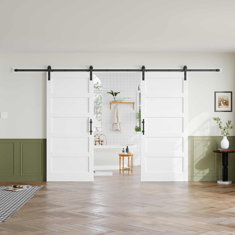 Porte de grange double en bois manufacturé à 5 panneaux avec quincaillerie d'installation, 72 po x 84 po