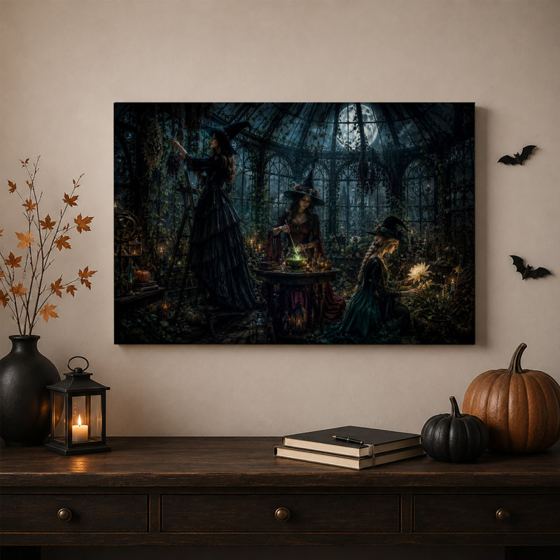 «Three Witches Brewing Green Potion in Moonlit», art mural sur toile, H 20 po x l 30 po