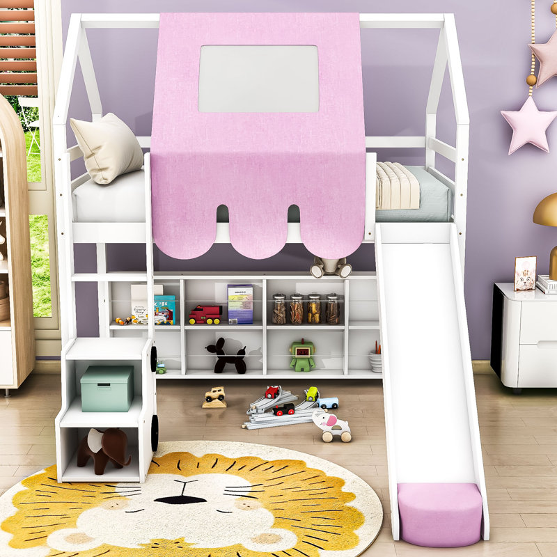 Lit mezzanine en bois avec structure en forme de maison, glissoire, tente et rangement, Simple, Blanc / Rose
