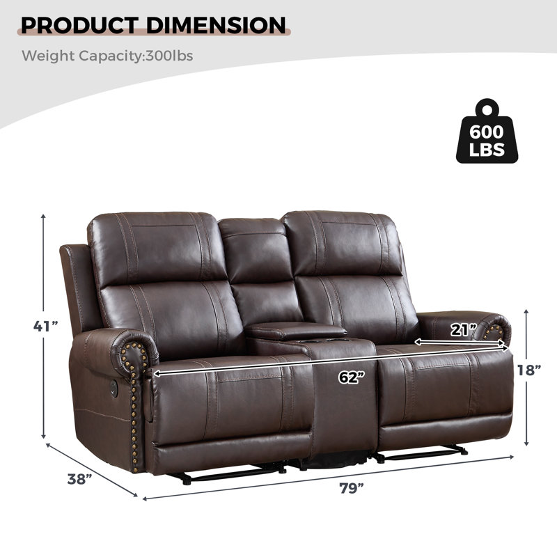 Gelula 79'' Leather Oversize Classic Nail Trimed Arm Power Reclining Loveseat With Cupholder Storage