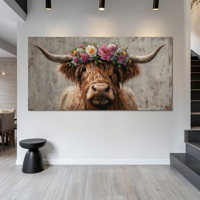  Extra Large Highland Cow Canvas Wall Art, Floral Crown Painting, Rustic Animal Pictures Wall Decor Print, Farmhouse Highland Cow Picture for Living Room Bedroom Office 30x60"