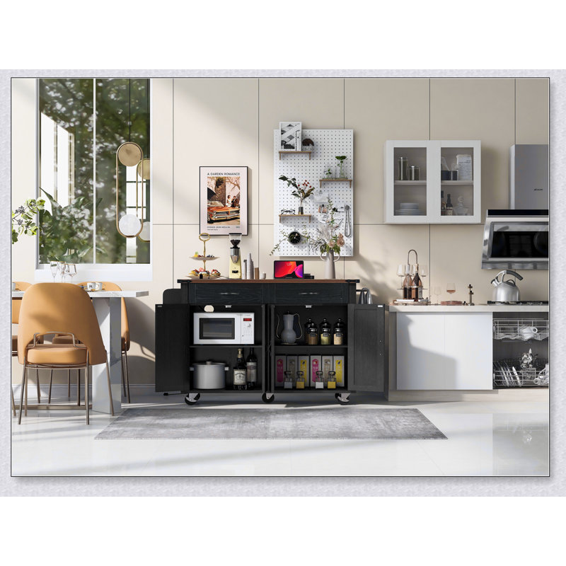 Charming Farmhouse Kitchen Island with Versatile Storage and Power Options, Perfect for Rustic and Organized Cooking Spaces.