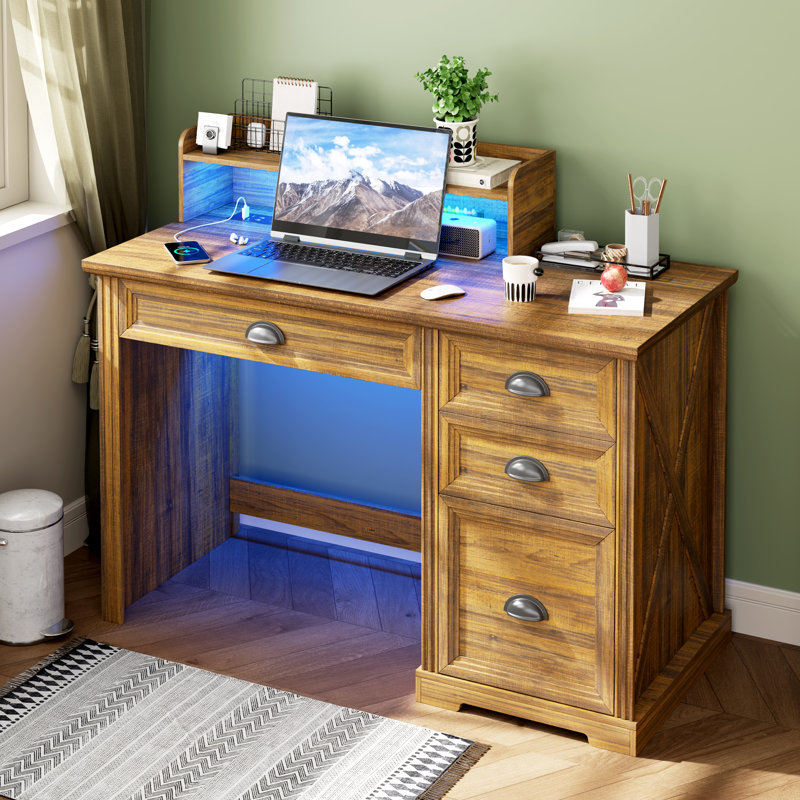 Home Office Desk With Drawers And Usb Ports, Rustic Writing Computer Table With Led Light, Brown