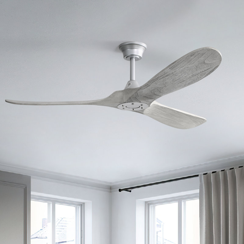 Ventilateur de plafond à 3 pales en bois massif 60 po avec télécommande Kemp, Argent avec des pales grises