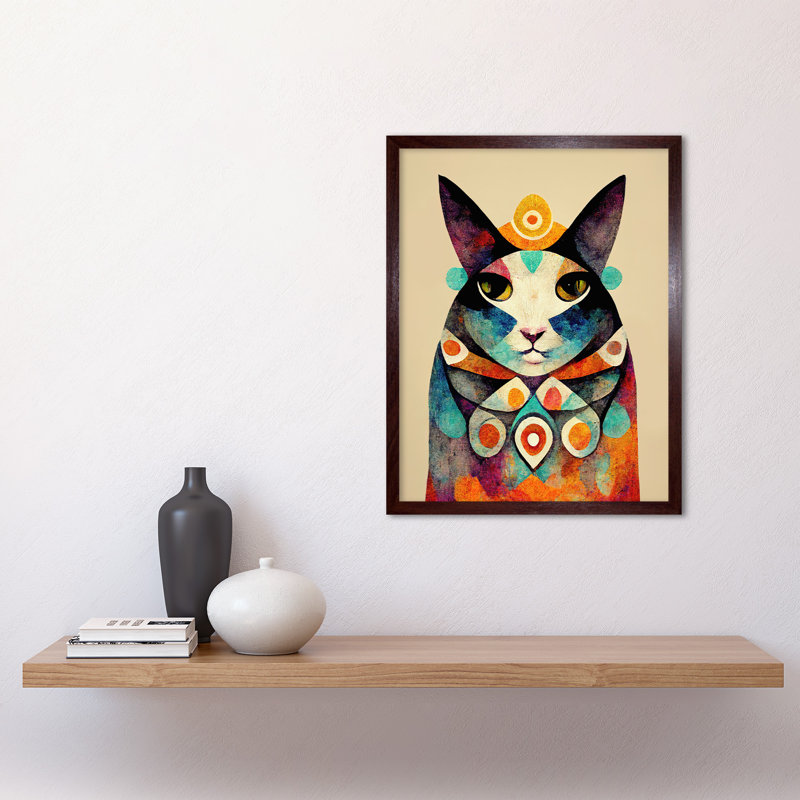 Boho Abstract Modern Shaman Guru Cat - Painting, Brown Framed Paper, 43cm H x 33cm W