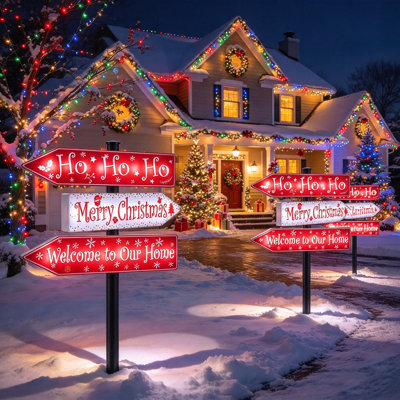 Enseigne solaire de jardin de Noël avec 3 panneaux de flèches, pour les cours avant, les pelouses, les jardins, les allées et les patios pour la décoration de Noël.