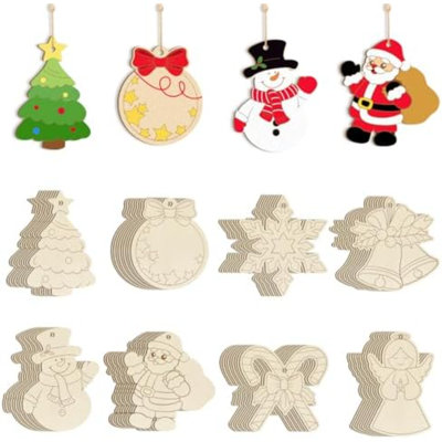 80 PCS ornements de Noël en bois à peindre, 8 styles de bricolage blanc renne en bois brut non fini père Noël boule de Noël bonhomme de neige flocon de neige ange découpes ornement pour artisanat décorations suspendues en hiver