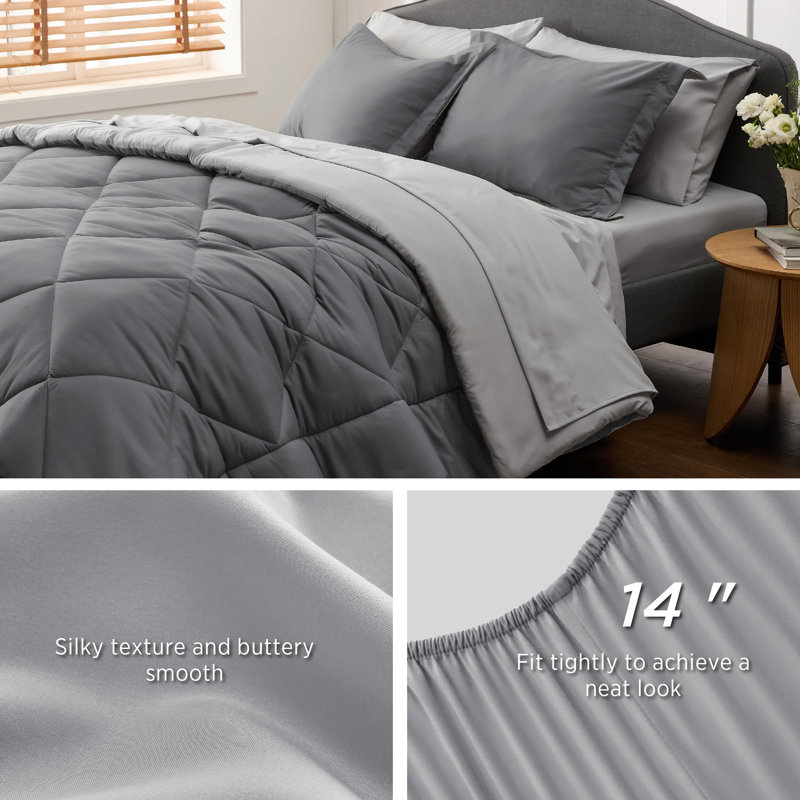 Bedsure Reversible Comforter Set, Bed in a Bag with Down Alternative Fill, Queen Comforter + 4 Additional Pieces, Dark Gray