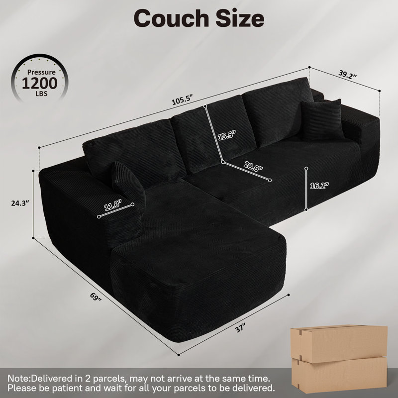 Canapé modulaire à 2 pièces avec rembourrage Co² Boneless, aucun assemblage requis, Velours côtelé noir, Face à la gauche